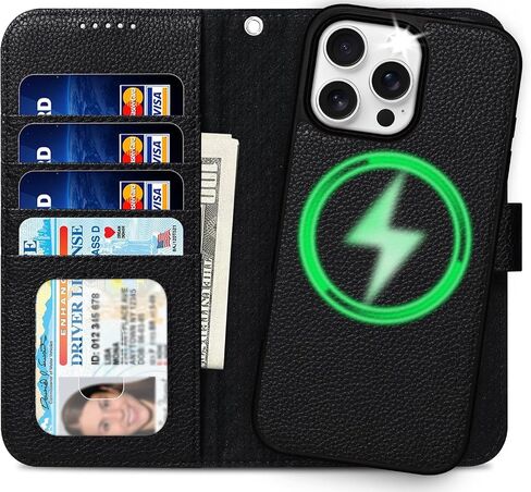 بالنسبة إلى iPhone 16 Pro Wallet Case 2 في 1 غطاء علبة جلدي من الورق مع 4 حامل بطاقة [Magsafe متوافق] [حظر RFID] [حزام معصم] [Slim Date] للنساء/الرجال (الأسود الكلاسيكي) in Kuwait