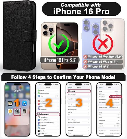 بالنسبة إلى iPhone 16 Pro Wallet Case 2 في 1 غطاء علبة جلدي من الورق مع 4 حامل بطاقة [Magsafe متوافق] [حظر RFID] [حزام معصم] [Slim Date] للنساء/الرجال (الأسود الكلاسيكي) in Kuwait