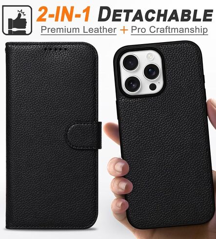 بالنسبة إلى iPhone 16 Pro Wallet Case 2 في 1 غطاء علبة جلدي من الورق مع 4 حامل بطاقة [Magsafe متوافق] [حظر RFID] [حزام معصم] [Slim Date] للنساء/الرجال (الأسود الكلاسيكي) in Kuwait