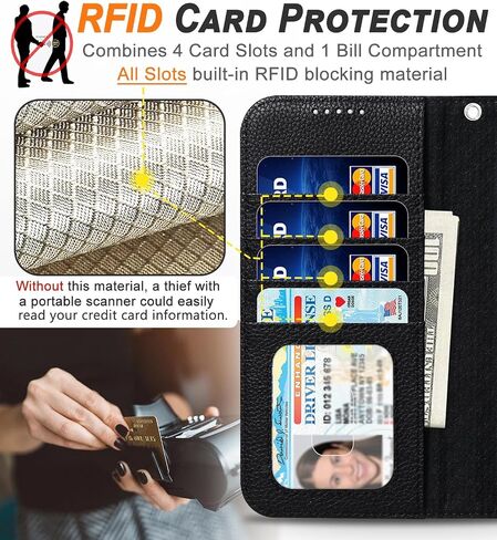 بالنسبة إلى iPhone 16 Pro Wallet Case 2 في 1 غطاء علبة جلدي من الورق مع 4 حامل بطاقة [Magsafe متوافق] [حظر RFID] [حزام معصم] [Slim Date] للنساء/الرجال (الأسود الكلاسيكي) in Kuwait