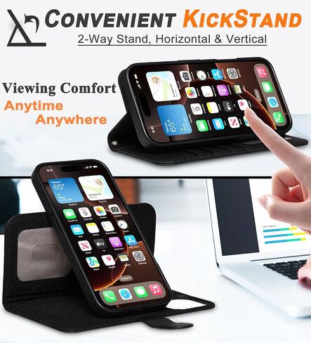 بالنسبة إلى iPhone 16 Pro Wallet Case 2 في 1 غطاء علبة جلدي من الورق مع 4 حامل بطاقة [Magsafe متوافق] [حظر RFID] [حزام معصم] [Slim Date] للنساء/الرجال (الأسود الكلاسيكي) in Kuwait