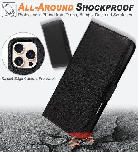 بالنسبة إلى iPhone 16 Pro Wallet Case 2 في 1 غطاء علبة جلدي من الورق مع 4 حامل بطاقة [Magsafe متوافق] [حظر RFID] [حزام معصم] [Slim Date] للنساء/الرجال (الأسود الكلاسيكي) in Kuwait