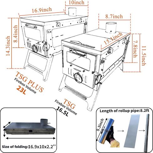 DANCHEL OUTDOOR TSG Foldable TA1 Titanium Tent Stove with Side Glass Ultralight, Small Wood Stove Burning Camping with Spark Arrestor Portable, 6.6lbs in Kuwait