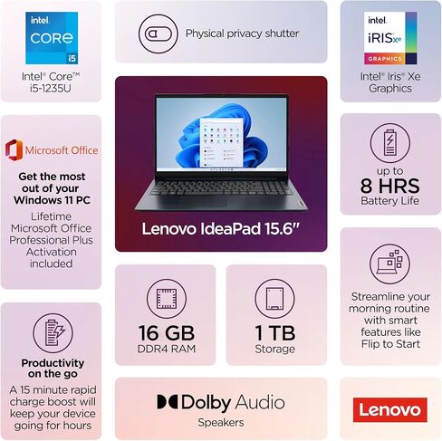 Lenovo IdeaPad 15.6" Flagship Touchscreen Laptop 2025, 10-Core Intel i5, Lifetime Office 2024, Copilot AI, 24GB RAM, 1.5TB Storage (1TB SSD + 500GB Ext), HubxcelAccessory, Long Battery, Win 11 Pro in Saudi Arabia