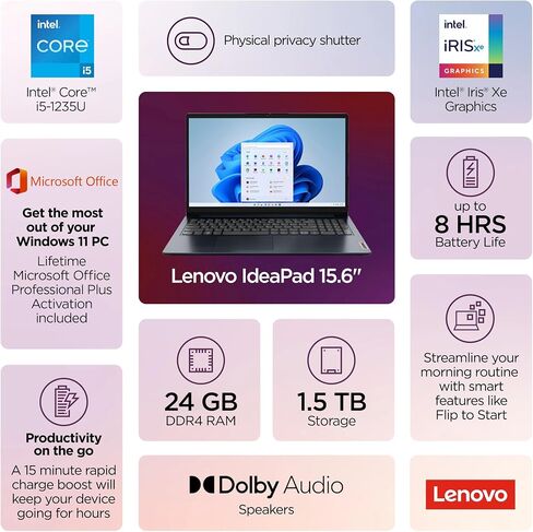 Lenovo IdeaPad 15.6" Flagship Touchscreen Laptop 2025, 10-Core Intel i5, Lifetime Office 2024, Copilot AI, 16GB RAM, 1TB Storage (500GB SSD + 500GB Ext), HubxcelAccessory, Long Battery, Win 11 Pro in Saudi Arabia