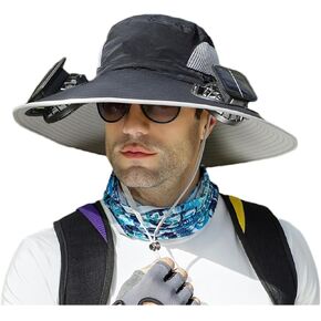 Jeeeun Hat with Fan Built in, Wide Brim Solar Fan Outdoor Fishing Hat-Solar & USB Charging, UPF 50+ Sun Hat, UV Protection Hat