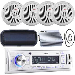 Pyle PLMR18 200-Watt Marine AM FM SD USB Aux Remote Radio Receiver, and 4 x PLMR60W 150 Watts 6.5'' Dual Cone Speakers (White), Radio Shield, Enrock Antenna,Pyle 4-Channel Waterproof Amplifier