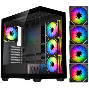 DIYPC ARGB-N6-BK Black Dual USB3.0/1 xType C Tempered Glass ATX Gaming Computer Case w/Dual Tempered Glass Panel and 4 x ARGB PWM Fans (Pre-Installed). Support BTF Back Plug MB