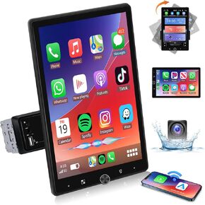 10.4" Single Din Single Din Touchscreen Car Stereo with Wireless Carplay& Android Auto, Adjustable Car Radio with Bluetooth, Mirror Link, FM Radio, Subwoofer, SWC, Backup Camera