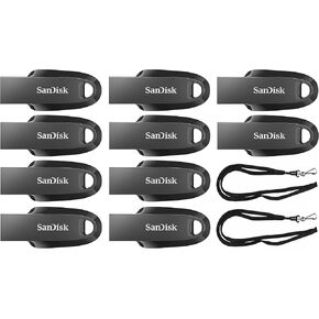 SanDisk 64GB Ultra Curve USB 3.2 Flash Drive SDCZ550-064G (10 Pack) Bundle with (2) GoRAM Black Lanyards (64GB)