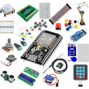 esp32 starter kit مع أجهزة الاستشعار والعرض والوحدات النمطية والأسلاك-مجموعة إلكترونيات 20-in-1 لـ Arduino IDE & Micropython | يتضمن لوحة ESP32 ، LCD ، المؤازرة ، الموجات فوق الصوتية ، الجرس ، والمزيد