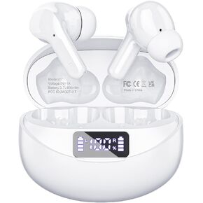 Wireless Earbuds Bluetooth 5.3 Headphones HiFi Stereo, Wireless Earphones with Noise Cancelling Mic, 50H Playback Ear Buds with LED Digital Display for iOS/Andriod - White