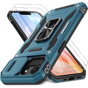 DEERLAMN Case for iPhone 16E with Slide Camera Cover+Screen Protector (2 Packs), Rotated Ring Kickstand Military Grade Shockproof Protective Cover for iPhone SE4 2025-Red