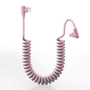 Pink Car Charger Cable for Apple CarPlay - 90 Degree Coiled Lightning Cable with 480Mbps Data, 2.4A Fast Charge USB C to Lightning Retractable iPhone Charging Cord for iPhone14/13/12/11 Pro Max/iPad