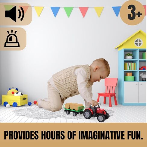 جرار ومقطورة باللون الأحمر مقاس 15 بوصة من Toyland® مع أضواء وصوت - ألعاب المزرعة للأطفال (جرار ومقطورة بالات) in Saudi Arabia