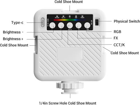 RGB Video Light, LED Camera Light with 3 Cold Shoe Mounts 1/4in Screw Hole, 3000 to 6500K Full Color Portable Lighting with FX Effects for Photography (White) in Saudi Arabia