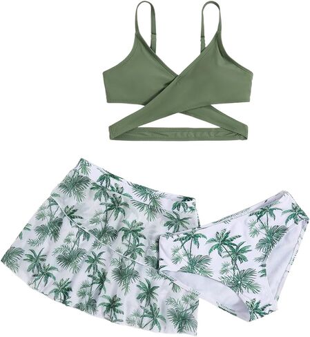 Milumia Girl's 3 Pieces Bikini Set Tropical Print Criss Cross Wrap Bathing Suit with Beach Skirt in Kuwait