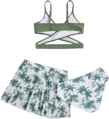 Milumia Girl's 3 Pieces Bikini Set Tropical Print Criss Cross Wrap Bathing Suit with Beach Skirt in Kuwait
