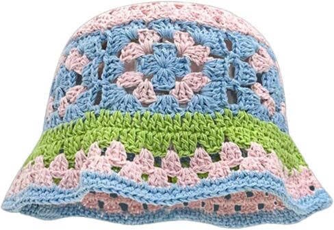 Crochet Bucket Hat Handmade Floral Stripe Fisherman Hat for Women Knit Bucket Hat Crochet Sun Hat Summer Beach Fisherman Cap in Kuwait