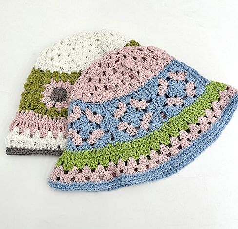Crochet Bucket Hat Handmade Floral Stripe Fisherman Hat for Women Knit Bucket Hat Crochet Sun Hat Summer Beach Fisherman Cap in Kuwait