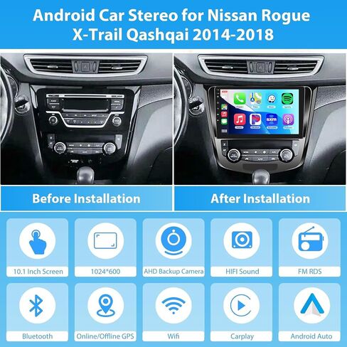 لسيارة Nissan Rogue X-Trail Qashqai 2014-2018، 2+64G يدعم ستيريو السيارة Android Carplay اللاسلكي وAndroid Auto مع شاشة لمس 10.1 بوصة WiFi GPS Buetooth HiFi FM/RDS مستقبل راديو USB كاميرا احتياطية in Saudi Arabia