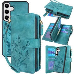 Lacass Case Wallet for Samsung Galaxy S25 6.2 inch, [12 Card Slots] ID Credit Cash Holder Zipper Pocket Detachable Leather Wallet Cover with Wrist Strap Lanyard（Floral Dark Purple）
