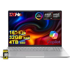 ASUS Vivobook S16 AI Laptop 16" 3.2k OLED 120Hz (600nits 100% DCI-P3) AMD 10-core Ryzen AI 9 365 (Up to 50 Tops) 32GB RAM 1TB SSD for Creator Designer Business Professional Win11 ICP Hub/Copilot+ AI