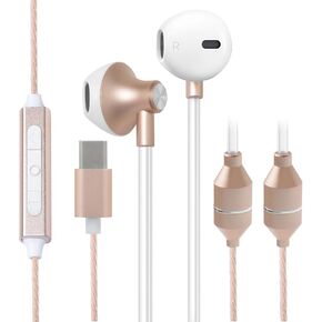 ibrain USB C Air Tube Headphones Type C EMF Free Earbuds with Patented Technology Wired Airtube Headsets with Microphone Safe in-Ear Earphones for Protection - Gold