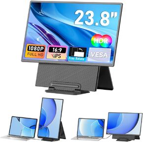 Laptop Screen Extender 23.8", 1080P FHD, IPS Portable Monitor with Rotable Detachable Stand & VESA, Height Adjustable Laptop Monitor Extender, Plug-Play for Windows/Mac/Android/Chrome/Linus/PS/Switch