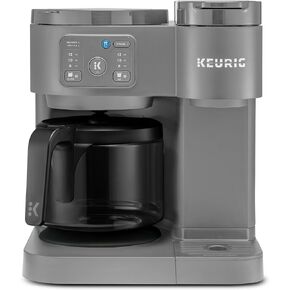 KeuriigK K-Duo Essentials Hot & Iced Single-Serve Coffee Maker with 12-Cup Glass Carafe, Brews KCup Pods & Coffee Grounds, Multiple Brew Sizes, 72 oz Reservoir, Pause & Pour Feature (Moonlight Gray)