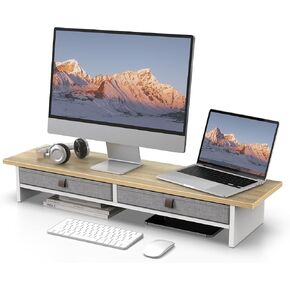 Fenge Monitor Stand with Drawer, 2 Tiers Dual Monitor Riser for Desk, 35 Inch Computer Stand for 2 Monitors, Desk Shelf for Home, Office, Laptop, PC, TV, Printer