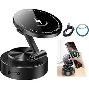 Vacuum Suction Cup Phone Holder, 15W Wireless Charger Magnetic, 360° Adjustable Foldable Car Mount, Compatible with iPhone 12-16 Pro Max, and Most Phones, for MagSafe Car/Gym/Mirror/Shower