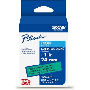 Brother Genuine P-Touch TZe Black Print on Green Label Tape (TZe751), Laminated, ~1in x 26.2ft (24mm x 8m), for Select P-Touch Label Makers, Durable, Water-Resistant, Indoor/Outdoor Use