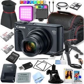 Canon Powershot SX740 HS Compact Camera Bundle - Includes 2 x 64GB Memory Cards, RGB Video Light, LCD Hood with Magnifier, Gripster Tripod, and More (Black) (Renewed)