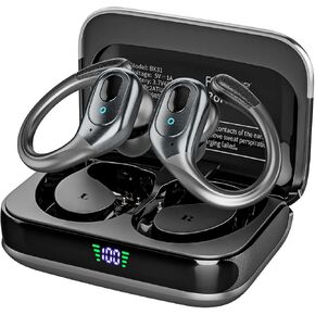 Wireless Bluetooth Earbuds, 75Hrs Playback, LED Display Charging Case, Ear Hooks, IPX7 Waterproof, Over-Ear Design for Sports, Running, Workout Black