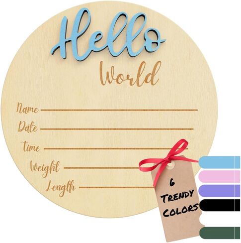 KEMINA BLANKETS Wooden Baby Announcement Sign for Newborn, Large 6 inch Hello World Newborn Name Sign for Hospital Birth Announcement, Newborn Photography Props for Boys and Girls in Kuwait