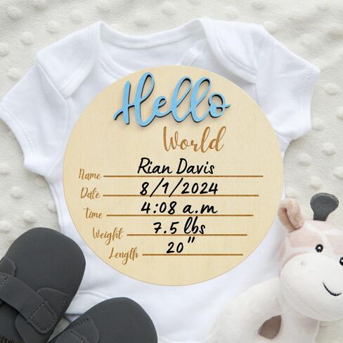 KEMINA BLANKETS Wooden Baby Announcement Sign for Newborn, Large 6 inch Hello World Newborn Name Sign for Hospital Birth Announcement, Newborn Photography Props for Boys and Girls in Kuwait