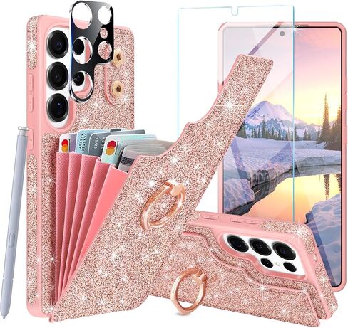 for Samsung Galaxy S25 Ultra Case Wallet,with [Screen Protector + Camera Lens Protector] Glitter 5 Card Holder & 360°Rotation Ring Stand Shockproof Cover for Samsung S25 Ultra,2025,Rose Gold in Saudi Arabia