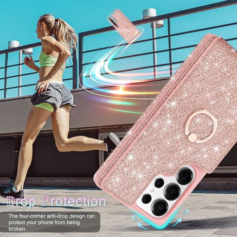 for Samsung Galaxy S25 Ultra Case Wallet,with [Screen Protector + Camera Lens Protector] Glitter 5 Card Holder & 360°Rotation Ring Stand Shockproof Cover for Samsung S25 Ultra,2025,Rose Gold in Saudi Arabia