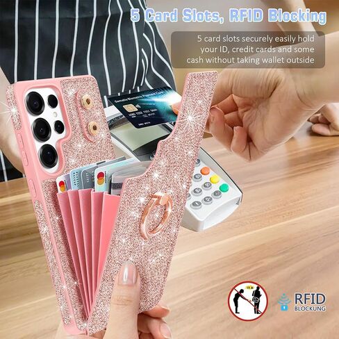 for Samsung Galaxy S25 Ultra Case Wallet,with [Screen Protector + Camera Lens Protector] Glitter 5 Card Holder & 360°Rotation Ring Stand Shockproof Cover for Samsung S25 Ultra,2025,Rose Gold in Saudi Arabia