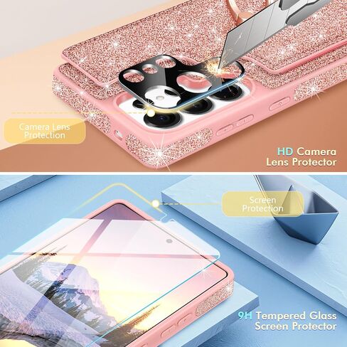 for Samsung Galaxy S25 Ultra Case Wallet,with [Screen Protector + Camera Lens Protector] Glitter 5 Card Holder & 360°Rotation Ring Stand Shockproof Cover for Samsung S25 Ultra,2025,Rose Gold in Saudi Arabia