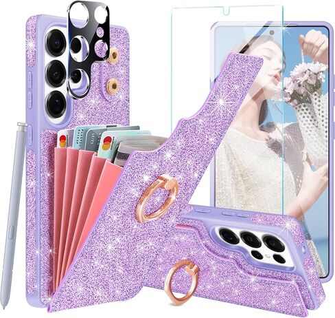 for Samsung Galaxy S25 Ultra Case Wallet,with [Screen Protector + Camera Lens Protector] Glitter 5 Card Holder & 360°Rotation Ring Stand Shockproof Cover for Samsung S25 Ultra,2025,Rose Gold in Saudi Arabia