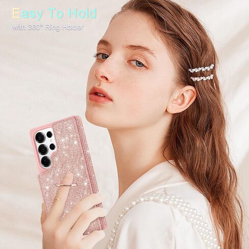 for Samsung Galaxy S25 Ultra Case Wallet,with [Screen Protector + Camera Lens Protector] Glitter 5 Card Holder & 360°Rotation Ring Stand Shockproof Cover for Samsung S25 Ultra,2025,Rose Gold in Saudi Arabia