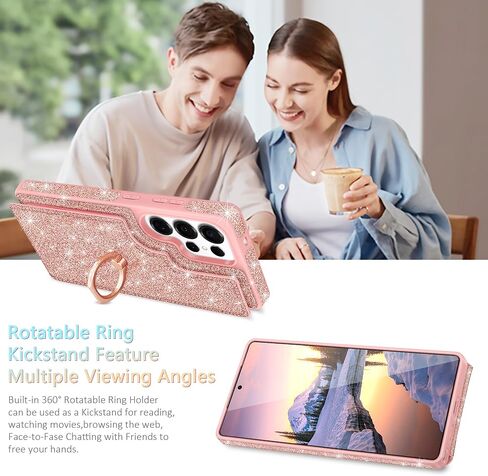 for Samsung Galaxy S25 Ultra Case Wallet,with [Screen Protector + Camera Lens Protector] Glitter 5 Card Holder & 360°Rotation Ring Stand Shockproof Cover for Samsung S25 Ultra,2025,Rose Gold in Saudi Arabia