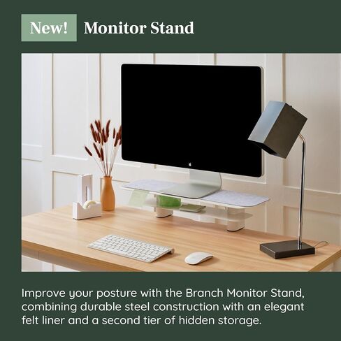 Branch Monitor Stand - Elegant, Durable Powder-Coated Steel Stand with Soft Felt Liner - Small Monitor Riser Second Tier Storage - Installs with a Universal Clamp for Ergonomic Workspace - White in Saudi Arabia
