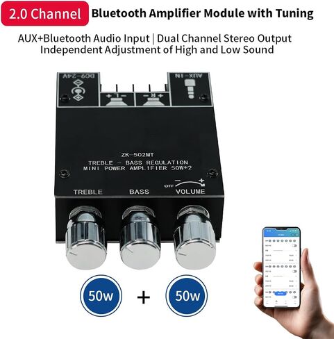 JR-502MT 2.0 Dual-Channel Amplifier Board, Car Bluetooth 5.0 Power Amplifier Board, 50W+50W HiFi Stereo High & Low Tone Adjustable Module, DC12-24V Stereo AMP Module for Car DIY Speakers. in Saudi Arabia
