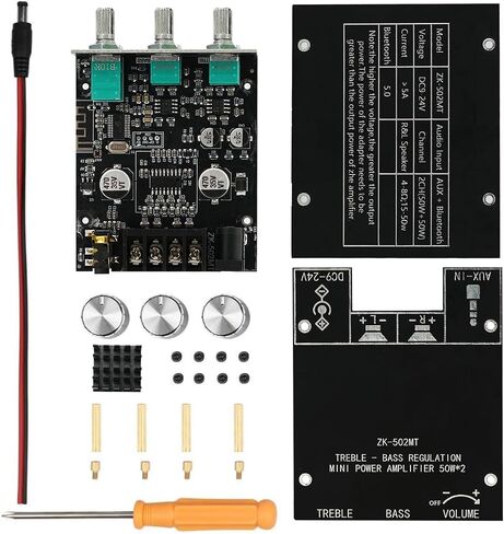 JR-502MT 2.0 Dual-Channel Amplifier Board, Car Bluetooth 5.0 Power Amplifier Board, 50W+50W HiFi Stereo High & Low Tone Adjustable Module, DC12-24V Stereo AMP Module for Car DIY Speakers. in Saudi Arabia