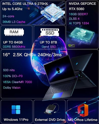Alienware 18 Area 51 Gaming Laptop, NVIDIA RTX 5080, Intel Ultra 9 275HX Up to 5.4GHz, 18" WQXGA 300Hz, Win11 Pro, Office License, Backlit KB, External DVD Drive, 4K Camera, WiFi 7, 64GB DDR5, 8TB SSD in Saudi Arabia
