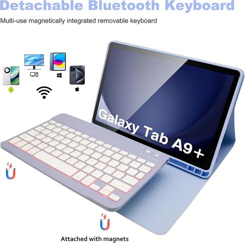 حالة لوحة المفاتيح لـ Samsung Galaxy Tab A9 Plus 11 بوصة - 7 ألوان إضاءة خلفية لوحة مفاتيح لوحة مفاتيح قابلة للفصل مع حامل قلم رصاص ، فأر Bluetooth للجهاز اللوحي A9+، الأرجواني in Kuwait