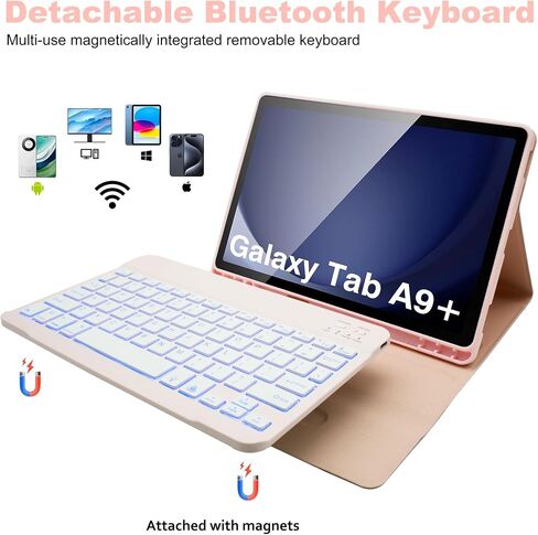 حالة لوحة المفاتيح لـ Samsung Galaxy Tab A9 Plus 11 بوصة - 7 ألوان إضاءة خلفية لوحة مفاتيح لوحة مفاتيح قابلة للفصل مع حامل قلم رصاص ، فأر Bluetooth للجهاز اللوحي A9+، الأرجواني in Kuwait